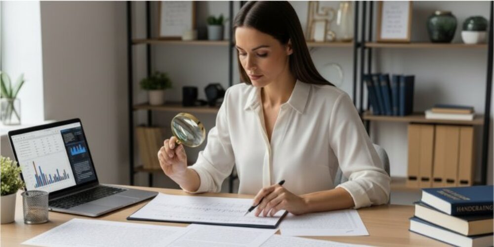 Grafóloga trabalhando usando técnicas de grafologia